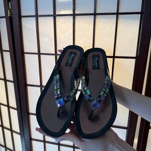 Women's Black Jeweled Flip Flop Sandals